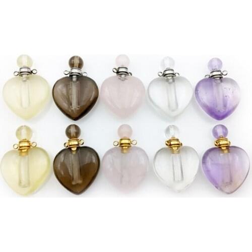 Natural Heart shape Gems stone Perfume Bottle Pendant Gold or silver Plated Healing Chakra Crystal Quartz vial for Necklace
