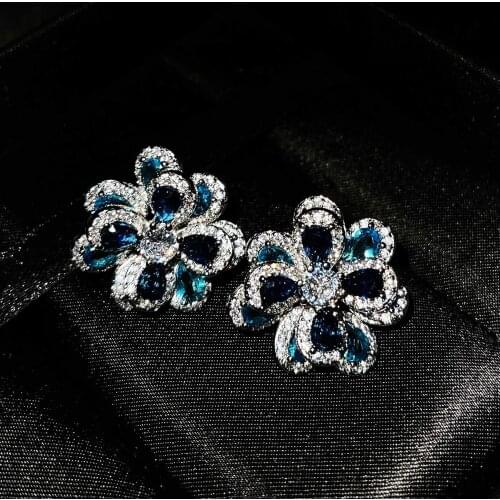 QTT 2021 New Blue Flowers Earrings Rhinestones Fashion Design Stud Earrings for Women Girls Jewelry For Women Wedding Party