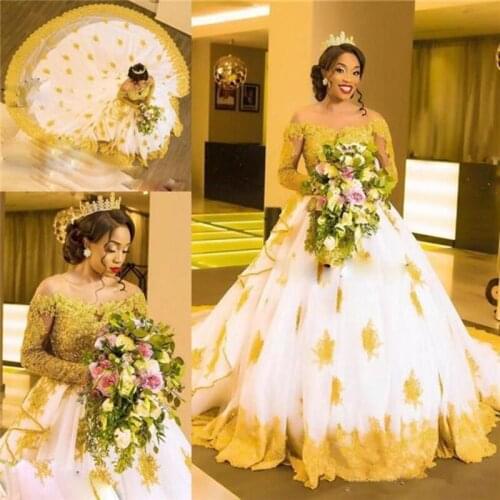 2020 African Plus Size Court Train Wedding Dress Off The Shoulder Gold Appliques Lace Ball Gown Long Sleeve Wedding Dress