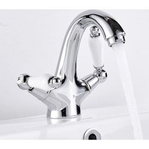 Traditional Basin Faucet Bathroom Sink Mixer Tap Chrome Ceramic Dual Handles Deck Mounted Bath Shower Taps