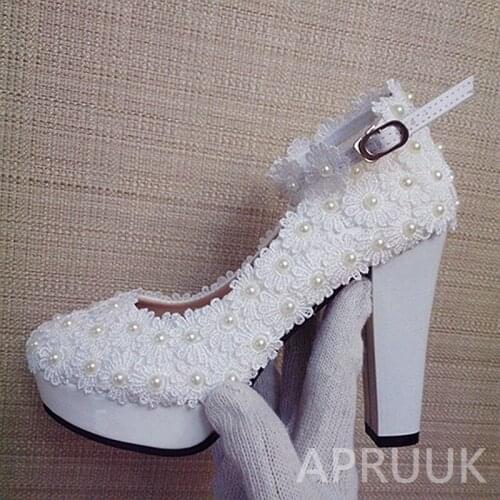 11CM super high block heels lace wedding shoes bride ivory lace pearls ankle straps bridal ladies party platforms pumps shoe