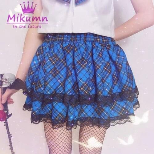 Japanese Harajuku Style Girls Blue Plaid Skirts Punk Sweet Lolita Cake Mini Skirt Women Summer Kawaii Skirts