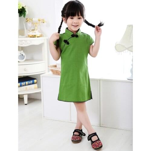 Green Chinese Girls dress baby girl clothes summer Baby QIPAO cheongsam chi-pao cotton Traditional dresses Children Clothes