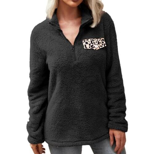 Zipper Neck Leopard Stitched Winter Blouse Women Stand Collar Warm Pullover Jacket Outerwear