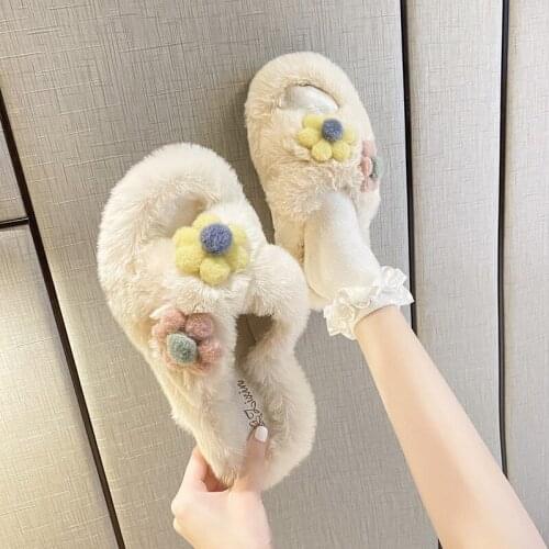 Princess fur slippers women wear ins fashion autumn 2020 new net red cute rabbit hair flower cotton slipper