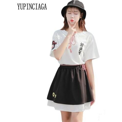 YUPINCIAGA Japanese Mori Womens 2 Piece Set Cotton T Shirt And Mini Skirt Elastic Waist Lace Up Skirt Cat Cartoon Embroidery