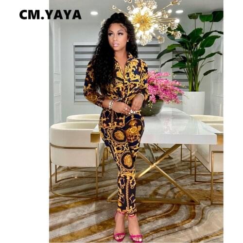CM.YAYA Women Set Print Full Sleeve Single Breasted Shirts Tops Pencil Pants Two 2 Piece Sets Office Lady Fashion Outfit Summer
