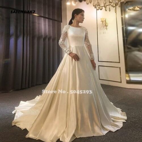 Luxury Satin Wedding Dress 2021 Long Sleeve Lace Up Crystal Beading Scoop Neck With Royal Train Bridal Gown Vestido De Novia