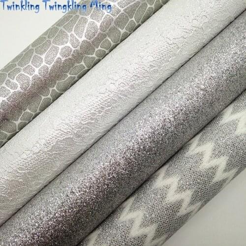 Grey Glitter Fabric, Arrow Printed Glitter Leather, Lace Faux Fabric For Bow A4 21x29CM Twinkling Ming KM182