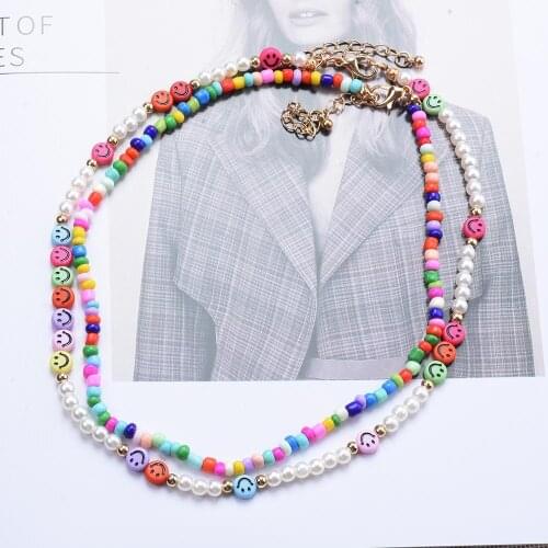 Bohemia Handmade Rainbow Beads Pearl Double Layer Necklace Trendy Korean Smlie Face Choker for Women Summer Party Jewelry Gifts