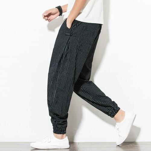New Fashion Sweatpants Men Harem Pants Man Striped Casual Loose Pants Cotton Linen Male Trousers 5XL