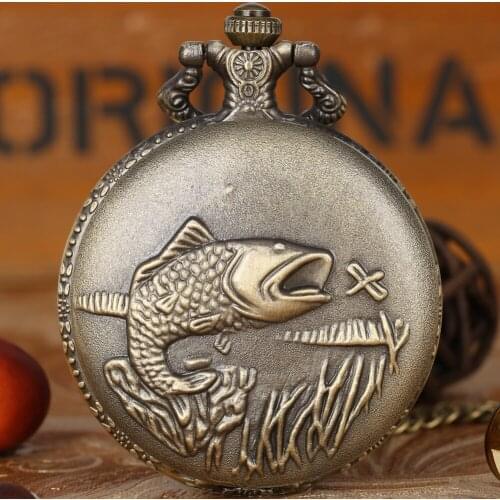 Vintage Big Fish Pocket Watch Necklace Fob Chain Small Pendant Fishing Angling Full Hunter Clock Men Women Relogio De Bolso