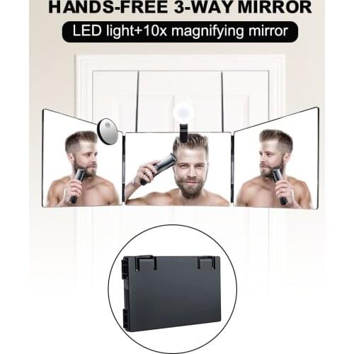 Home 3-Way Mirror for Self Hair Cutting 360 Degrees Foldable Mirror with USB Rechargeable LED Light & 10x Magnifier for Makeup