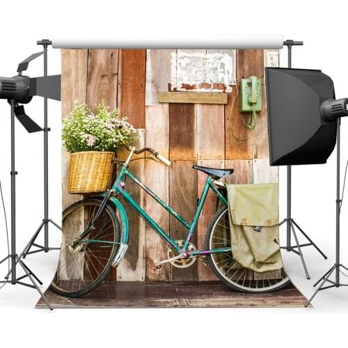 Wedding Decoration Backdrop Vintage Bicycle Postman Old Telephone Fresh Flowers Rustic Stripes Wood Plank Background