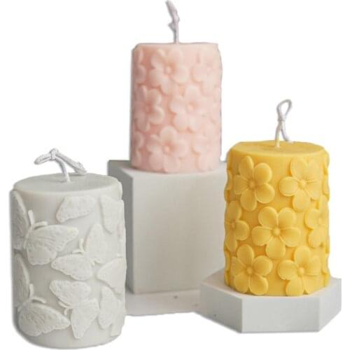 Embossed butterfly cylinder Candle Mold, 3D Craft Art Silicone Mold for DIY Soap, Lotion bar, plum blossom flower Candles Mould