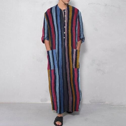 NEW Vintage Striped Sleep Robes Stand Collar Buttons Nightgown Man Loose Cotton Bathrobes Men Fashion Long Sleeve Sleepwear