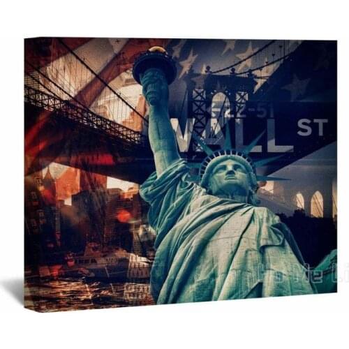 New York Canvas Wall Art Decor Red And Blue City Collage Indoor Decoration