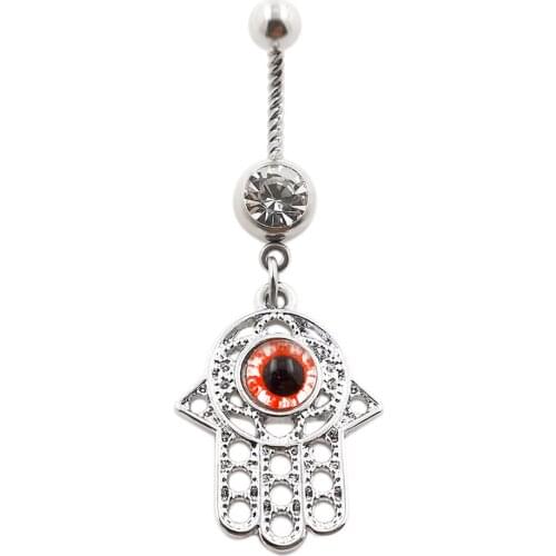 JHJT 14G Evil Eye Hand Hamsa Belly Piercing Stainless Steel Zircon Hand of Fatima Navel Belly Button Rings Body Piercing Jewelry