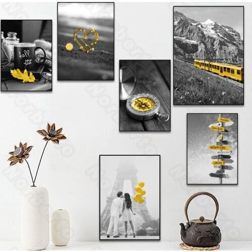 Nordic Style Canvas Painting Yellow Leaves Road Signs Train Heart-Shaped Ring Balloons Mug Posters for Home Rooms Wall Decoratio
