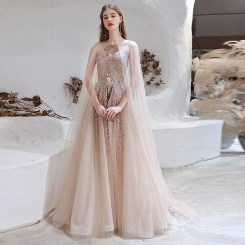 Beauty Emily Luxurious Rhinestones Lace Up Back Evening Dresses Elegant Bridal Gowns With Transparent Embroidery Shawl Vestido