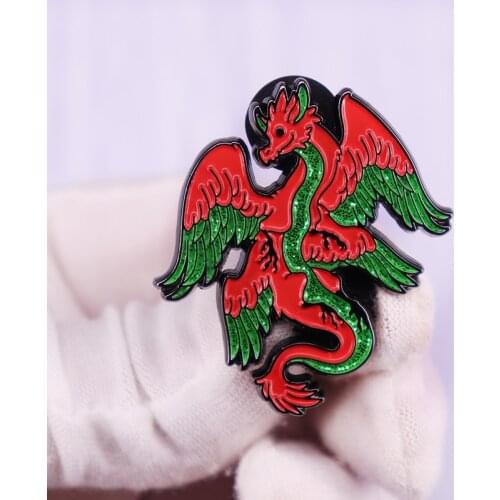 Red Green Glitter Dragon with Wings Enamel Pin Brooch Fashion Lapel Accessories