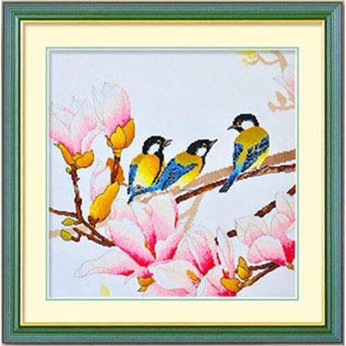 Colourful Funny Birds Sitting on A Branch Blooming Pink Flower Stamped Cross Stitch Kit Embroidery needlework set