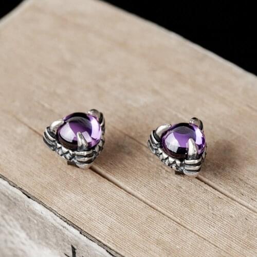 Hotsale Genuine 925 Sterling Silver Dragon Claw Style Purple Amethyst Stud Earrings Fine Jewelry Round Cut Crystal Earrings