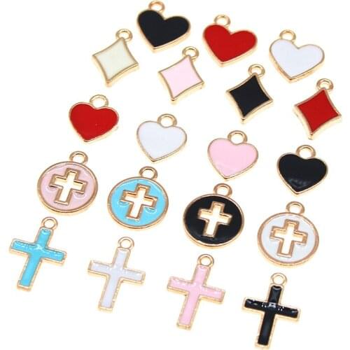 20pcs/lot DIY Metal Enamel Cross Squ Heart Charms Ornament Gold Bracelet Pendants for Necklace Earring Jewelry Making Material