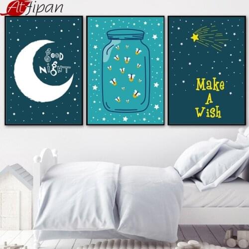 Atfipan Minimalist Moon Star Wall Art HD Printed Framed Canvas Painting Cartoon Poster Pictures For Nursery Baby Room Decor
