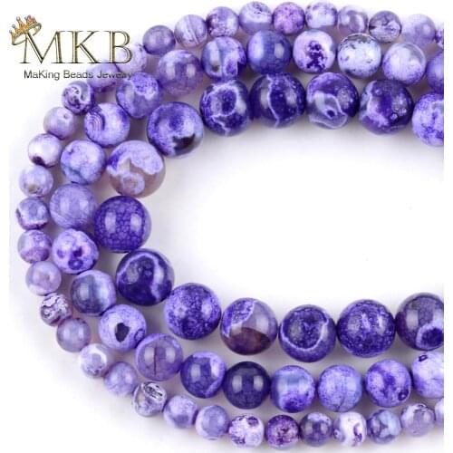 Natural Stone Purple White Fire Agates Round Spacer Beads For Jewelry Making 6-10mm DIY Bracelets Necklace Loose Jewellery 15"