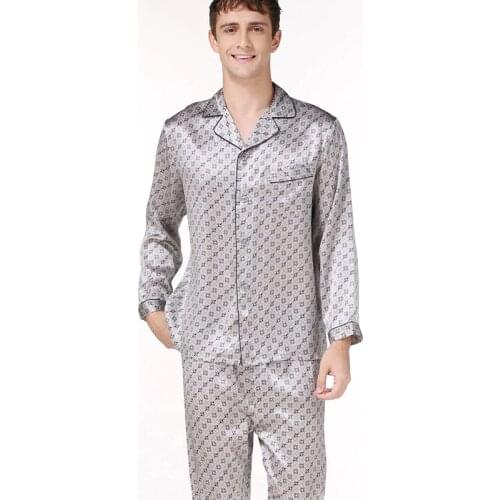 100% Mulberry Silk Men Pajama Sets Print Noble Notch Collar Full Sleeves Top with Full-Length Pant with Elastic Waist sp0178