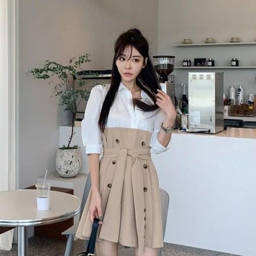 Patchwork puff sleeve shirt dress women Elegant button sash belt office ladies dresses spring ladies khaki work office dress