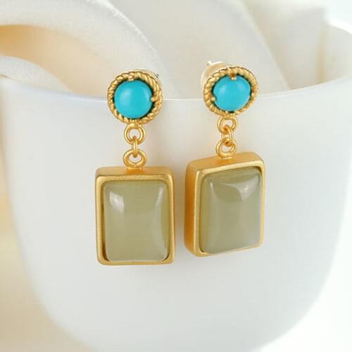 Natural Hetian Jade Turquoise Temperamental Sterling Silver S925 Stud Earrings Geometric Slimming Elegant and Ethnic Style High