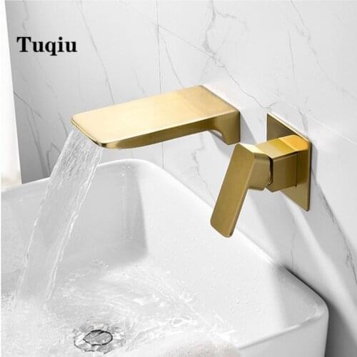Brush Gold Wall Mounted Basin Faucet Single Handle Bathroom Mixer Tap Hot Cold Sink Faucet Square Waterfall basin faucet brass