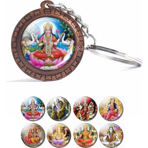 Shiva and Ganesh Glass Cabochon Wooden Keychain Wood Pendant Car Key Holder Hinduism Jewelry Fashion Accessories for Men Women