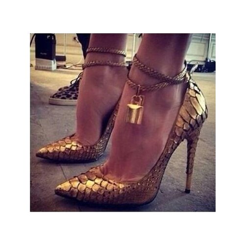 Gold Lock High Heel Pumps Sexy Snake Leather Printed Stiletto Heels Dress Shoes Pointed Toe Cone Heels Women Pumps Metal Heels