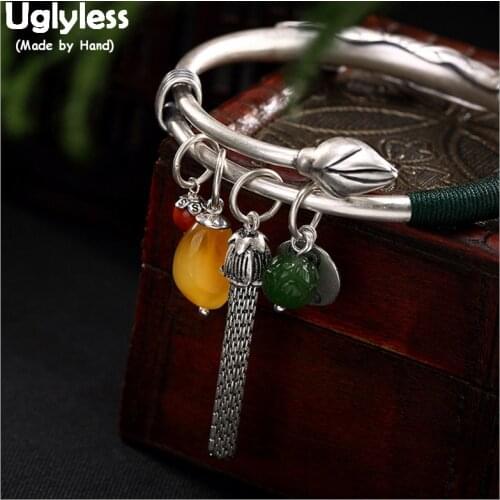 Uglyless 100% Real Solid 990 Pure Silver Lotus Bangles for Women Amber Gemstone Charm Bangle Chains Tassel Bracelets Leaf Ethnic
