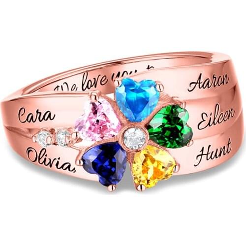 Uonney Dropshipping Customized Engraved 5 Heart-Shaped Birthstones Ring Valentines Gift For Her Silver Gold Rose Gold