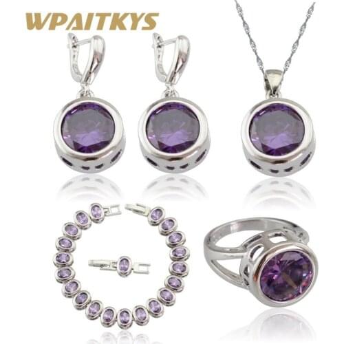 WPAITKYS Women Silver Color Jewelry Sets Purple Cubic Zirconia Necklace Pendant Bracelets Earrings Rings Free Gift Box