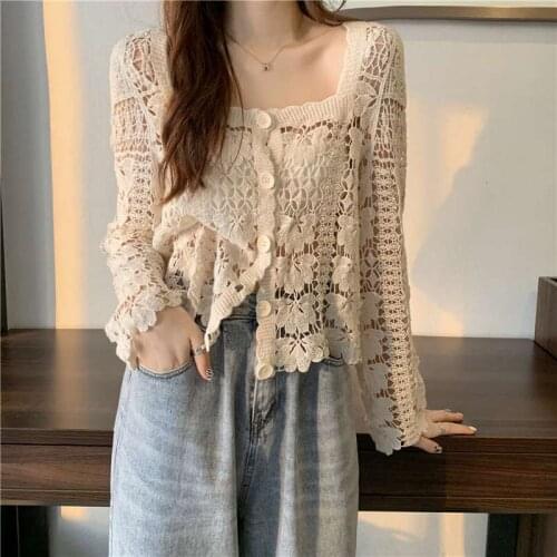 Hollow lace blouse womens summer 2021 new French temperament casual long-sleeved short cardigan Western style