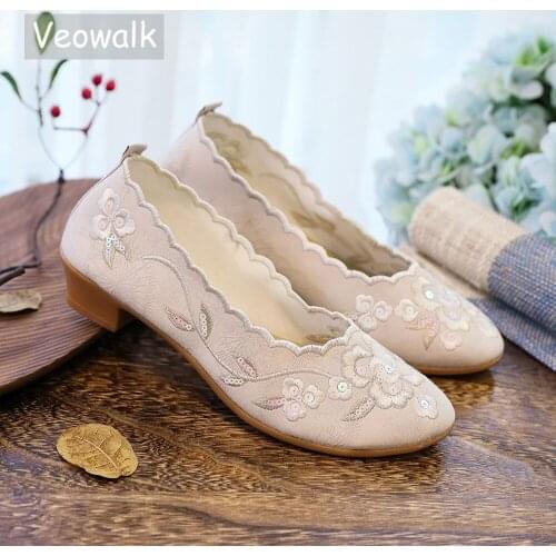 Veowalk Glitter Sequins Embroidery Women Jacquard Cotton 3cm Block Heel Shoes Pointy Toe Elegant Ladies Comfortable Casual Pumps
