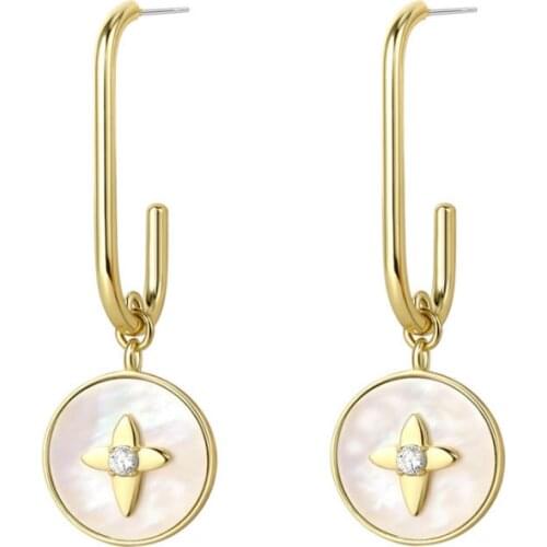 WT-RWJ020 Fashion gold electroplated charming round dangle earrings women trendy white shell earrings with charm design earrings