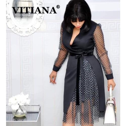 VITIANA Women Dot Black Office Midi Dress 2020 Female Long Sleeve Mesh Elegant Dresses Femme White Formal Vestidos Plus Size