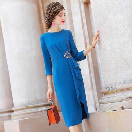 2021 Spring and Autumn New Fashion Style Women Elegant Blue Dress 3/4 Sleeve O-neck Slimming Office Ladies A-line Dresses Y561