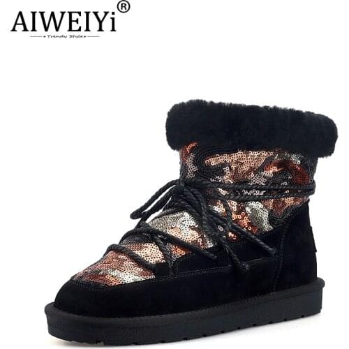 AIWEIYi Cow Suede Leather Snow Boots Wool Fur Winter Boots Keep Warm Shoes Lace Up Platform Boots