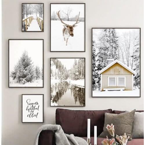 Winter House Deer Forest River Landscape Wall Art Canvas Painting Nordic Posters And Prints Wall Pictures For Living Room Decor
