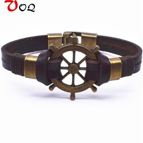 2019 Fashion Vintage Style Easy Hook Rudder Anchor Bracelet 21cm Genuine Leather Chain Link Friend Bracelet Men Jewelry