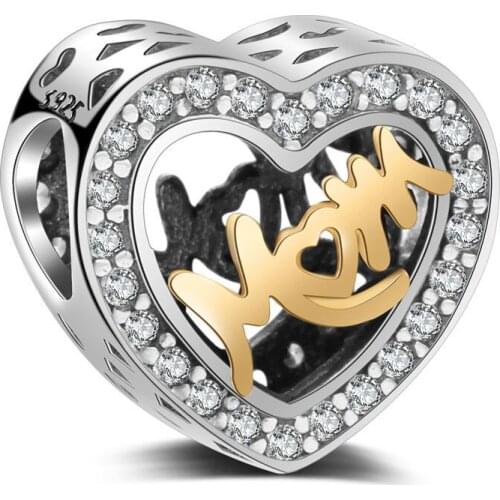 Authentic 925 Sterling Silver Bead Dear Mom Crystal Heart Beads For Original Pandora Charm Bracelets & Bangles Jewelry