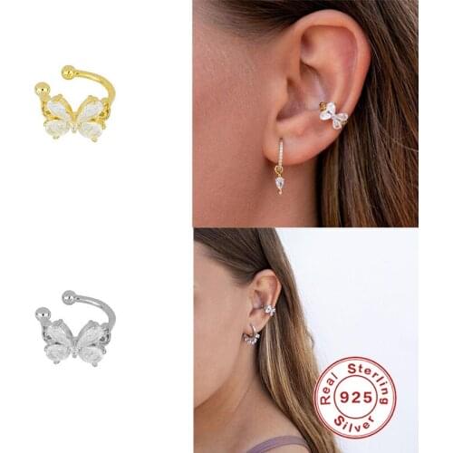 BOAKO 925 Sterling Silver New Fashion Crystal Butterfly Ear Cuff For Women Girls Cute No Piercing Fake Cartilage Clip Earrings