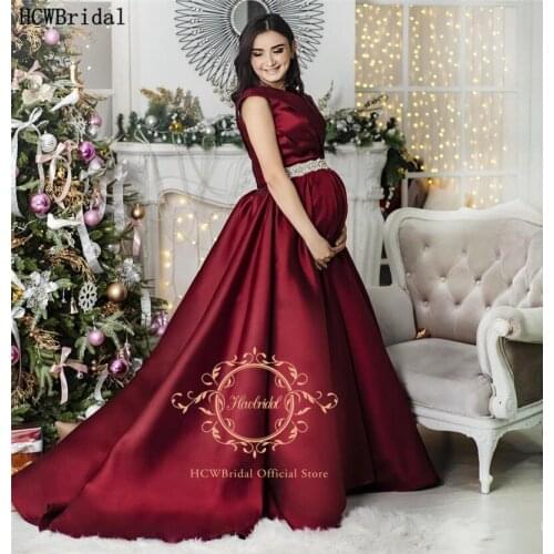 Burgundy Long Formal Evening Dress For Pregnant Women Crystal Sash A Line Plus Size Satin Women Prom Gown Customize Party Dress